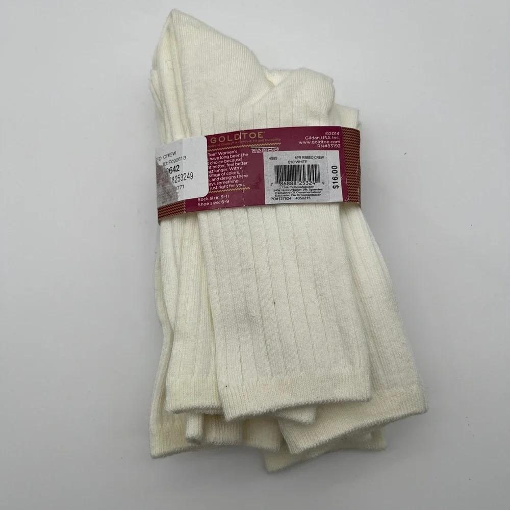 Goldtoe Socks Womens 9-11 White Ribbed Crew 4 Pairs‎ Cotton Blend 4585